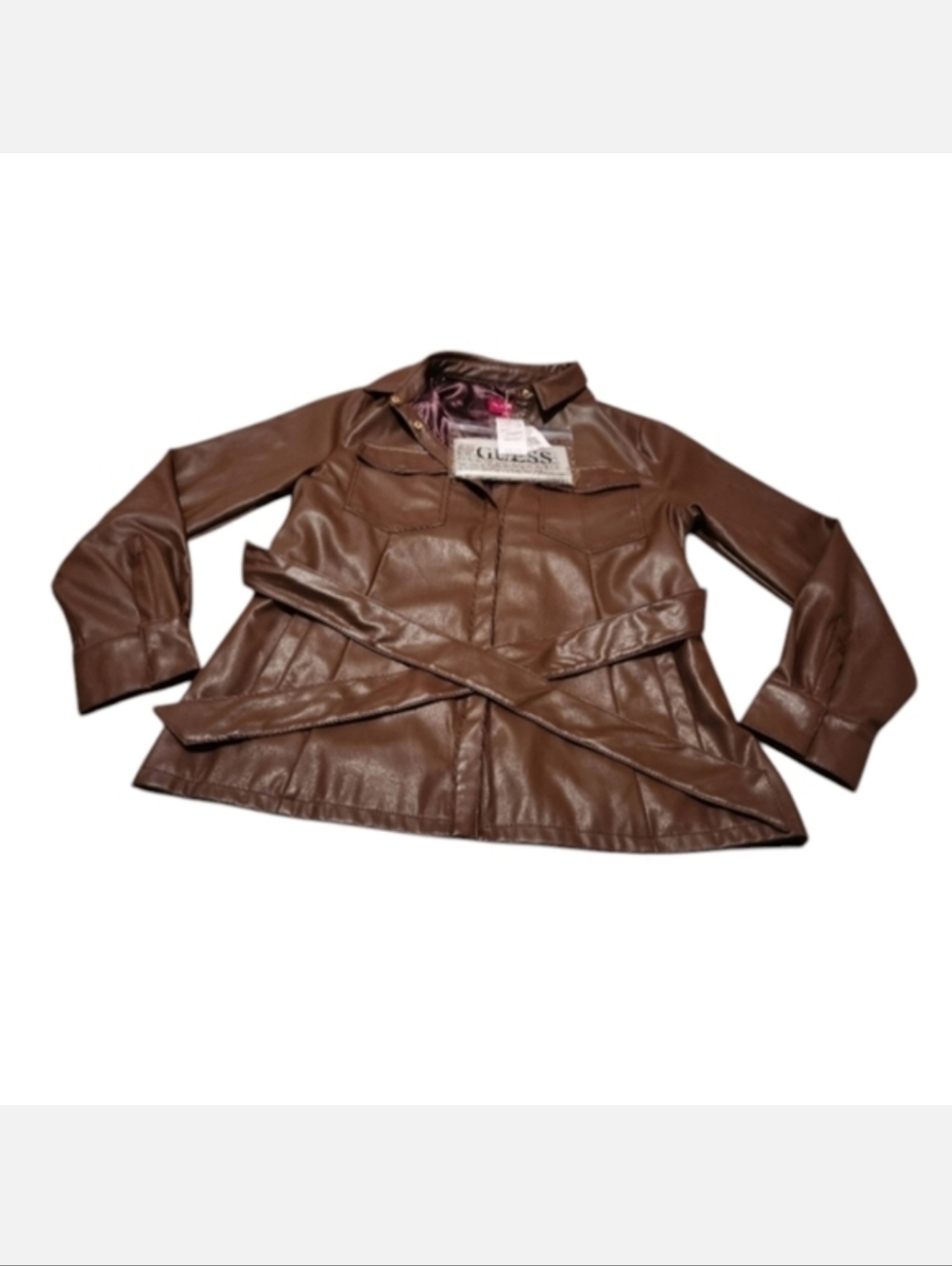 Women's Large GUESS Brown Belted Faux Leather Jacket